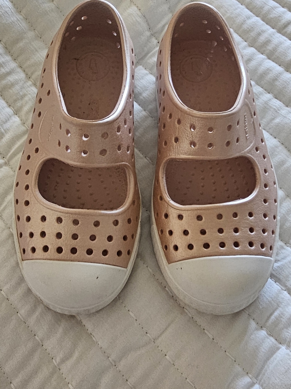 Native Kids Metallic Rose Gold Mary Jane Slip-Ons with White Toe